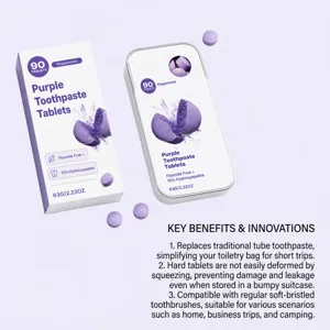 Purple toothpaste tablets in a paper box and metal tin, with loose tablets on a pale backdrop