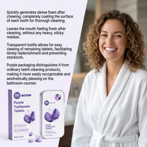 Split layout shows purple tablet packaging and benefit text beside a smiling woman in a white robe