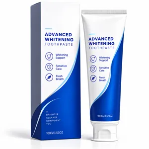 White and blue 100 g whitening toothpaste tube and box for sensitive care and fresh breath