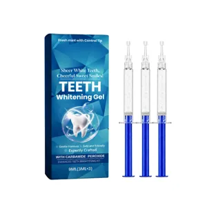 Mint teeth whitening gel kit with three syringe applicators and blue geometric packaging