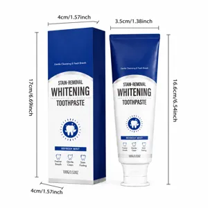 Blue-and-white toothpaste carton and tube shown side by side with size labels on white