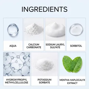 Toothpaste ingredient chart with labeled components, including calcium carbonate and mint extract