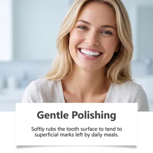 Smiling blonde woman in a bright bathroom with text on gentle polishing of tooth surface marks.
