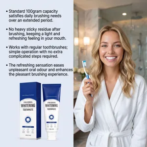 Mint whitening toothpaste tube and box beside a smiling woman holding a toothbrush in a bathroom