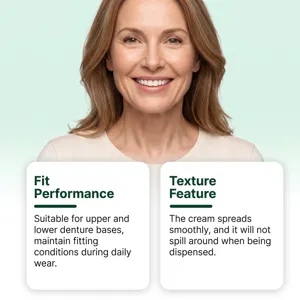Smiling woman beside cards on denture adhesive fit and the smooth, controlled cream texture