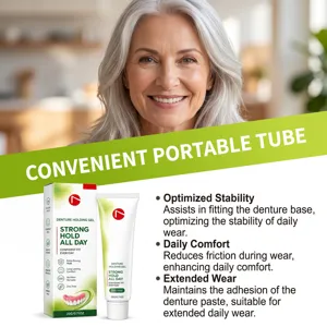 Smiling silver-haired woman above a boxed denture gel and portable tube with green comfort claims