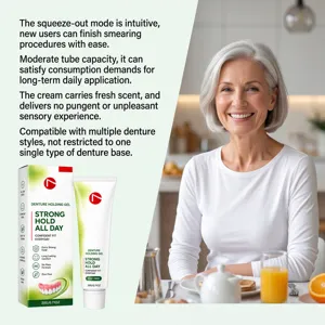 Denture adhesive tube and box beside a smiling older woman at a bright breakfast table