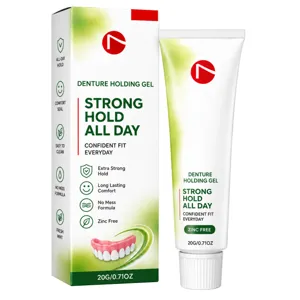 Zinc-free denture adhesive gel, 20 g tube and box shown in green and white packaging