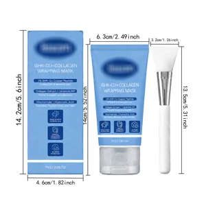 Mask tube, blue carton and white silicone applicator displayed with product size markings