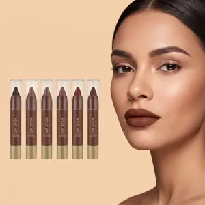 Six matte lip crayons in brown cases line up beside a model wearing a deep brown lip color