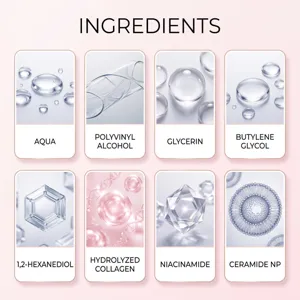 Ingredient chart listing eight skincare components in pastel cards with molecular illustrations