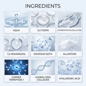 Overzicht van negen huidverzorgingsstoffen met water-, gel-, molecuul- en DNA-afbeeldingen
