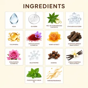 Cosmetisch ingrediëntenoverzicht met plantenextracten, oliën en geurstoffen op beige achtergrond