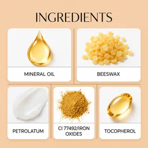 Ingredient chart showing mineral oil, beeswax, petrolatum, iron oxides and tocopherol on peach cards