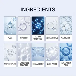 Skincare ingredient chart with ten labeled components in a blue-and-white grid of molecular illustrations