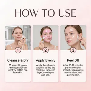 Three-step guide shows cleansing, applying pink gel mask with a silicone brush, and peeling it off.