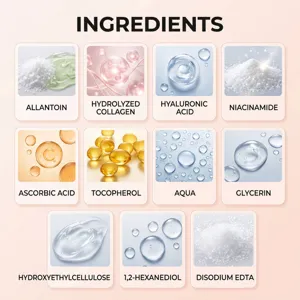 Panel rosa claro con once ingredientes de cuidado facial, imágenes y nombres en inglés