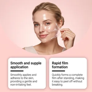 Close-up of a model gently peeling a clear facial mask film, with skincare benefit cards below