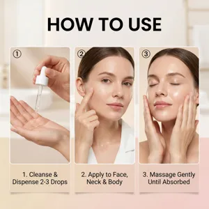 Tutorial en tres pasos: dosificar el sérum, aplicarlo en rostro y cuello y masajear suavemente