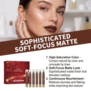 Close-up of brown matte lipstick on a model, with six shades and a red gift-style set below