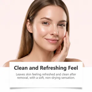 Close-up of a woman touching her radiant cheek against a soft pink background with clean-skin text