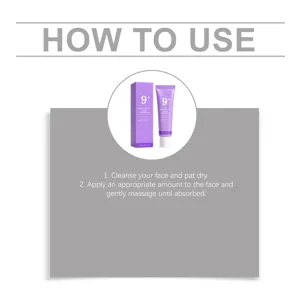 Visuel d’utilisation montrant un tube et une boîte violets, avec deux étapes d’application.