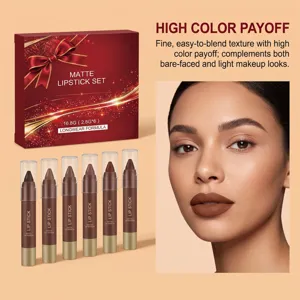 Holiday red gift box and six brown lip colors beside a model wearing a matte brown lip look