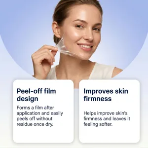 A model peels off a clear facial mask, with captions about skin firmness and a softer feel.