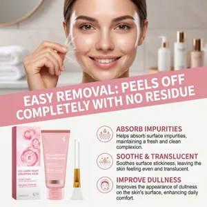 Woman peeling off a clear facial mask above a display of pink packaging and an applicator brush