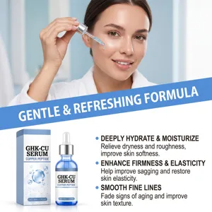 Verzorgingsbeeld met vrouw die serum met een pipet aanbrengt naast een blauwe fles en doos