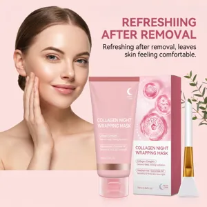 Model touching her cheek beside a pink skincare tube, carton and silicone applicator on display