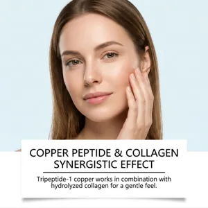 Close-up of a woman touching her cheek beside text highlighting copper peptide and collagen