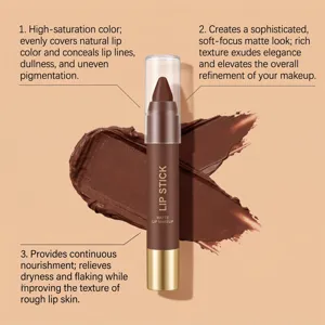 Brown matte lipstick pen shown against rich brown swatch strokes on a peach background