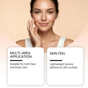 Mujer tocándose el rostro junto a tarjetas sobre uso facial y corporal y una sensación ligera en la piel