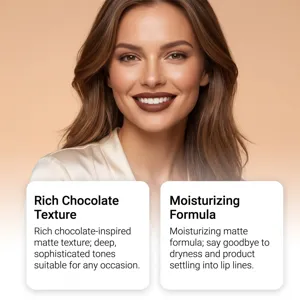Close-up of a smiling model wearing matte chocolate-brown lipstick with formula callouts
