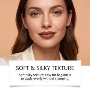 Close-up of a model wearing matte brown lip color, with soft and silky texture text below