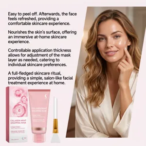 Pink mask tube, matching box and silicone applicator shown beside a woman with glowing skin