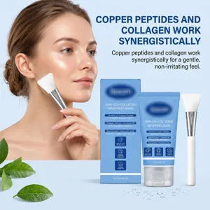 Woman applying a blue collagen face mask with a silicone brush beside the tube and box