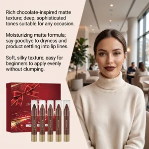 Five brown matte lipsticks beside a red gift box, shown with a model in a cream turtleneck