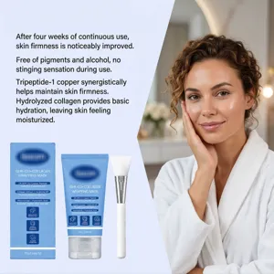 Woman touching her face beside blue mask packaging and a white skincare application tool