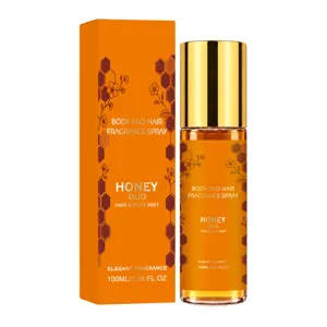 Honey Oud geurmist voor lichaam en haar, glazen fles van 100 ml met gouden dop en oranje doos