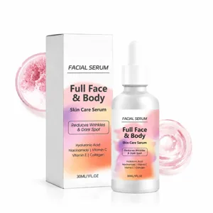 Sérum facial y corporal de 30 ml en frasco blanco con cuentagotas y caja a juego sobre fondo blanco