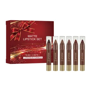 Six-piece matte lipstick set in assorted brown shades with red gift box and gold ribbon