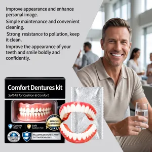 Dental appliance kit beside a smiling man holding a glass, with product box and denture close-up