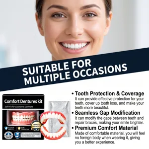 Denture set and black kit box displayed beside a smiling woman, with red gums and white teeth