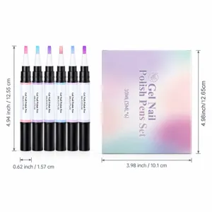 Six gel nail polish pens in assorted tip colors beside a pastel gradient set box on white