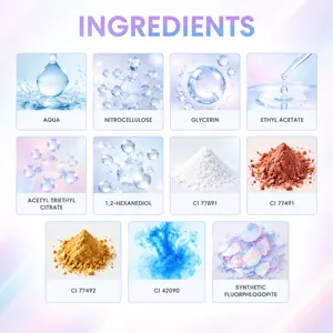 Ingredient chart with 11 nail polish components, including water, glycerin and color pigments
