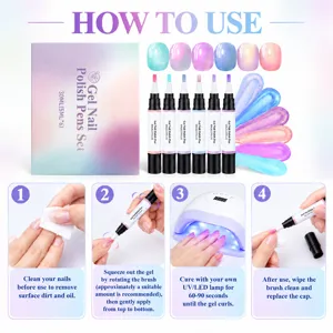 Four-step gel nail polish pen tutorial showing nail cleaning, application, UV curing, and brush care