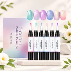 Close-up of six nail gel pens with pastel color tips, matching swatches, and a gradient gift box