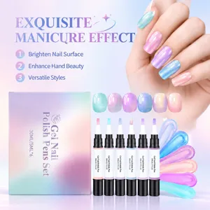 Colorful manicure display with six polish pens, pastel swatches, and glossy nail samples
